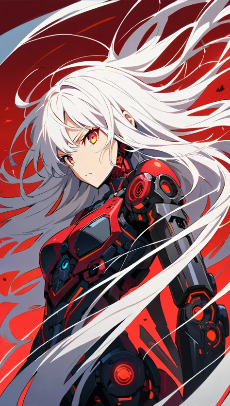 (Highest quality masterpiece, High resolution), anime style, side view, dynamic angle, beautiful detailed, 8k, simple background, background text "死の夢", red background, face shot, a mechanical girl, dangerous killer machine, assassin, mechanical bones, (sl...