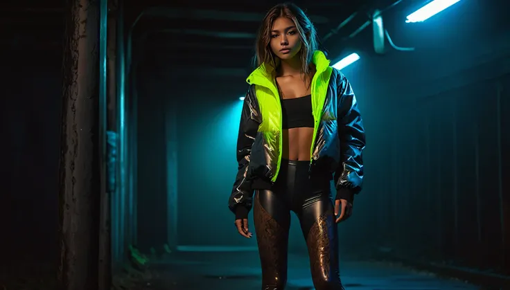 8k, high resolution, masterpiece, ultra-detailed, full body shot, (((cute tanned barely legal girl in sheer rubber blouse and leggings, shiny puffer jacket, wide neckline, deep neckline, random neon color))), (small perky breasts, small hips, detailed face...