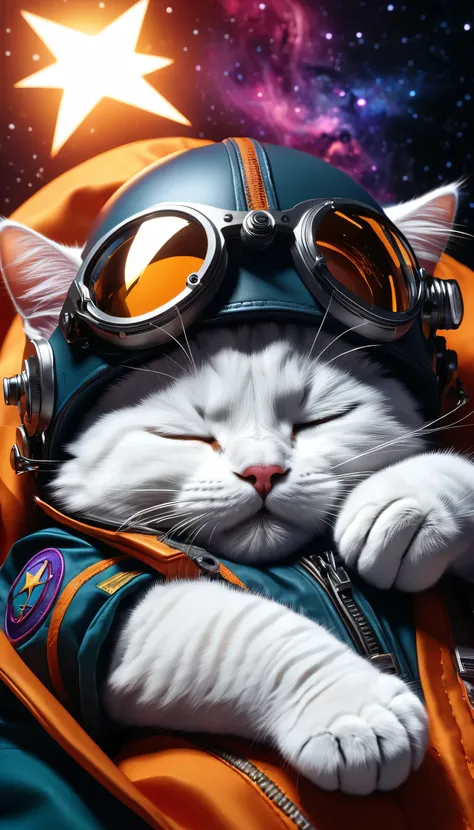 whole body, panoramic, (Cute cartoon style:1.3), (((Close-up of a powerful cat sleeping on a soft cloud))), (Stylish and complete cyberpunk pilot suit:1.2), ((Open your head)), Black fur, Spectacular space landscape, Black Hole, ((Bright Star)), Intricate ...