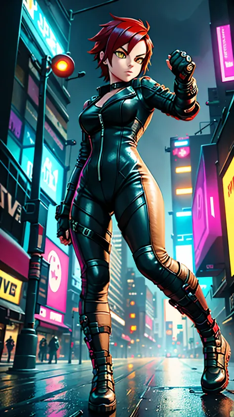 biker girl, motorcycle, Leather one-piece garment, Short hair, yellow glowing eyes, Dark colors, Cyberpunk, Neon lights, Red hair, Sexy, tightsuit, Night, the city street, mitts, rain