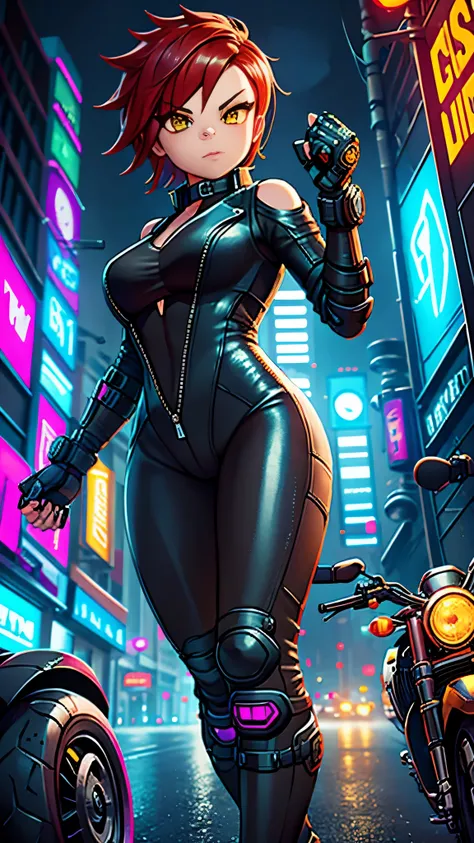 biker girl, motorcycle, Leather one-piece garment, Short hair, yellow glowing eyes, Dark colors, Cyberpunk, Neon lights, Red hair, Sexy, tightsuit, Night, the city street, mitts, rain