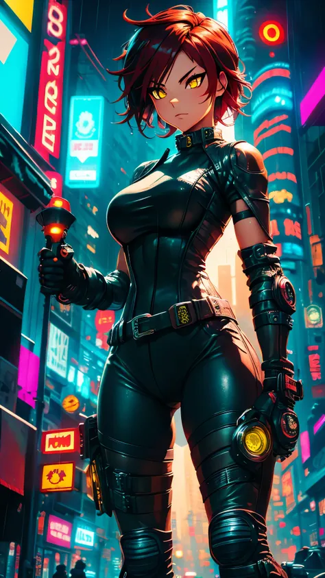 biker girl, motorcycle, Leather one-piece garment, Short hair, yellow glowing eyes, Dark colors, Cyberpunk, Neon lights, Red hair, Sexy, tightsuit, Night, the city street, mitts, rain