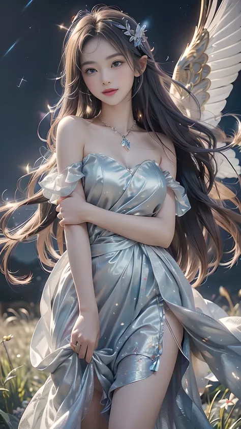 Under the starry sky, a graceful elf girl soars in the sky with her delicate wings sparkling under the moonlight. Her long, silky hair flutters in the wind, reflecting a gentle silver light. She wears a dress woven from morning dew and wildflowers, each vi...