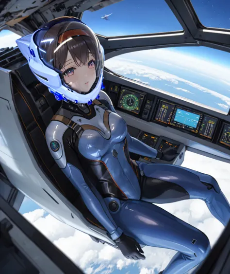 ((holographic glow effect)),((female pilot in the cockpit of a reconnaissance plane), (airplane cockpit), (in flight), (10000 fe...