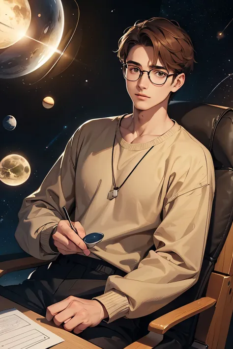 A beautiful man. Light brown hair. Detailed drawing of the face. He wears round glasses. Detailed drawing of the face. An intellectual atmosphere. Twenty years old. He is wearing a long-sleeved shirt. An image of a parallel universe in the space behind the...