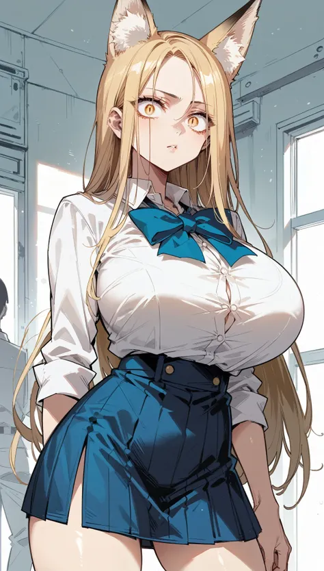 Cold Stare,(hi-quality,high resolution),(Fox Ears),(forehead,asymmetrical hair),(((long slit eyes))),((side parted hair)),((oblong face)),( (huge breasts)),(((long narrow eyes)))((,Clear Eyes,Perfect Eyes,clear lines)),Blonde,Long Hair,Old room,Magic Schoo...