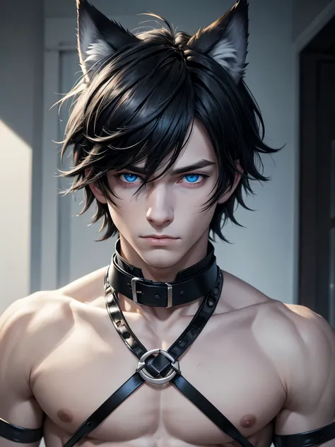 (best quality), 1boy, male, pale skin, black hair, short hair, tousled hair, messy bangs, bangs over eyes, blue eyes, perfect ey...