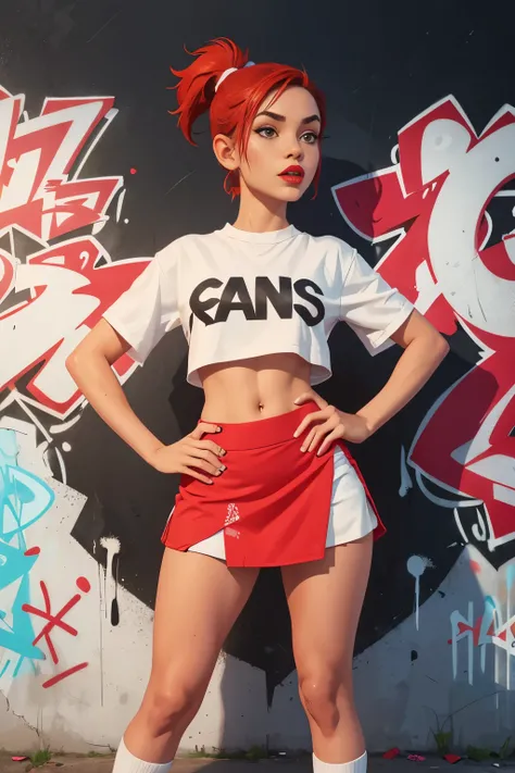 score_9, score_8_up, score_7_up, 

1girl, Red lips, short hair with ponytail,fit body, flat chest, white socks and sneakers, pose standing, crop top,  miniskirt, graffiti wall background, Graffiti art,