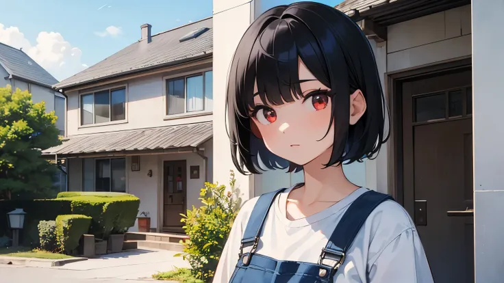 a girl with short black hair red eyes, with tight sky blue overalls, She is standing in front of a house ringing the doorbell.