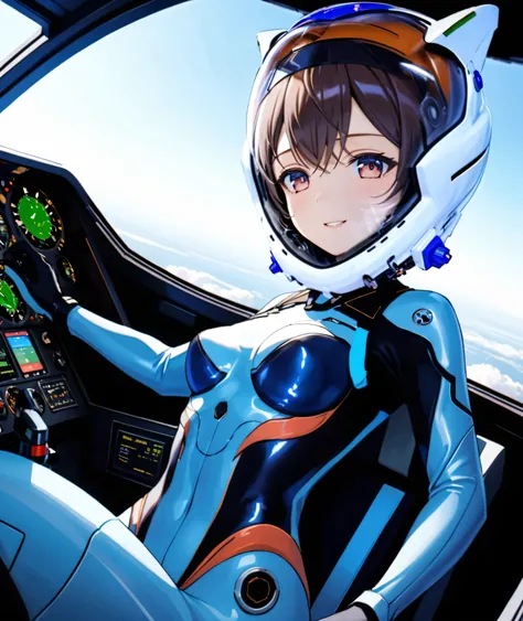 ((Holographic glow effect)),((Female pilot in the cockpit of a reconnaissance plane), (airplane cockpit), (in flight), (10000 feet altitude)、(sky view):1.7), A Japanese woman,Small face,short hair, BLACK hair,girl, nside the (cockpit:1.9) of a (futuristic ...