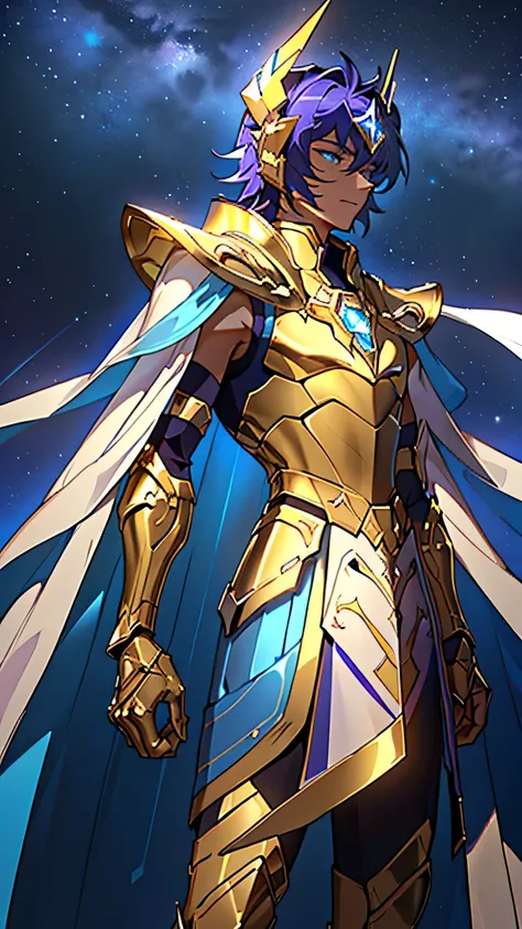 A drawing of a man in a golden and blue futuristic armor, featuring sleek plates that merge seamlessly across the body. Inspired by Knights of the Zodiac, the armors chest plate extends into large, integrated shoulder pieces that flow smoothly from the che...