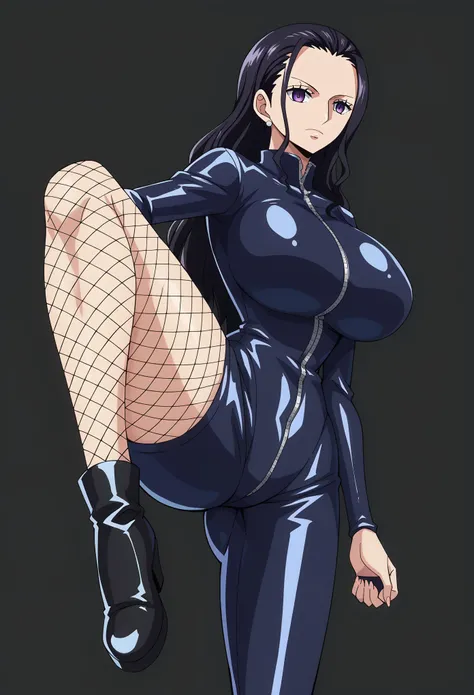 score_9, score_8_up, score_7_up,BREAK source_anime, Nico Robin, black hair, long hair,, purple eyes,(glowing eyes 1.5), Huge breasts, (evil depravity), ((empty eyes)),Expressionless,(kicking, kicking at viewer), ((Black latex high leg suit)),Fishnet stocki...