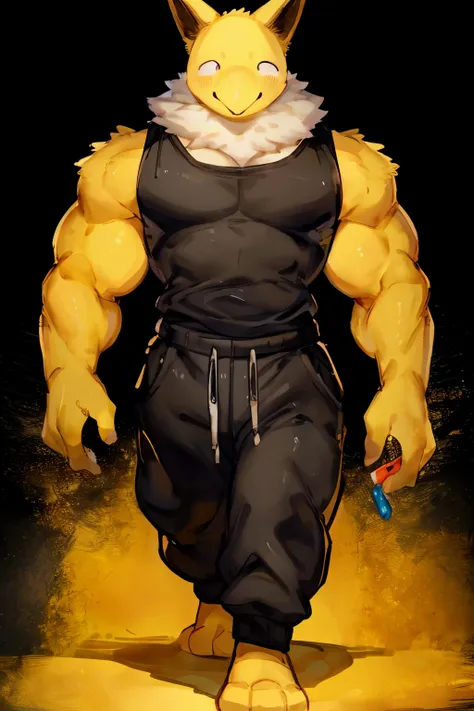 furry, anthro, solo, hypno, male, (((muscular body, massive male pectorals, yellow skin, fluffy neck, wearing white fur around n...