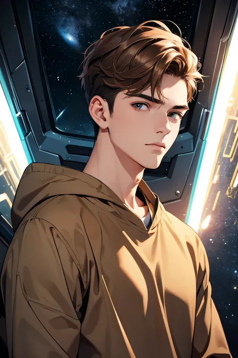 A handsome man. Twenty years old. Detailed drawing of the face. Light brown hair. He is looking at the camera with a serious expression. He is wearing a long-sleeved shirt. An image of a parallel universe in space behind him.