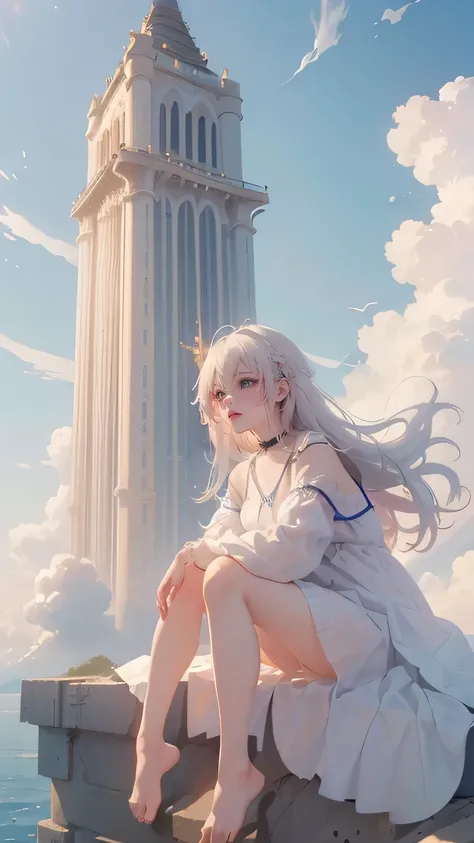 {masterpiece},{The best},{((a girl、Best Quality、masterpiece、A slender tower reaching into the sky、cylindrical tower、sea of clouds、blue sky、Sitting with legs crossed、hair blowing in the wind、white hair、Girl stares into the distance、White clothes、barefoot、Fu...