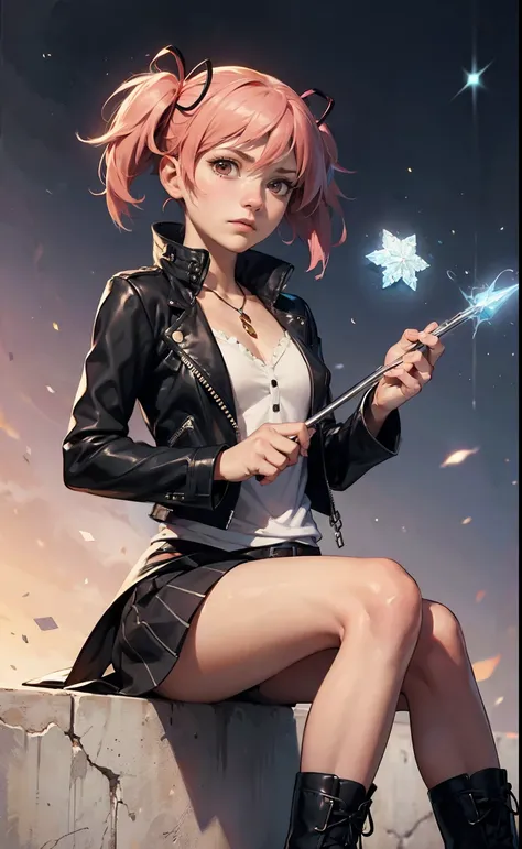 best quality,masterpiece,, Madoka Kaname from Puella Magi Madoka Magica wears a black leather jacket and combat boots, holds a magic wand, and has a cold expression on her face,