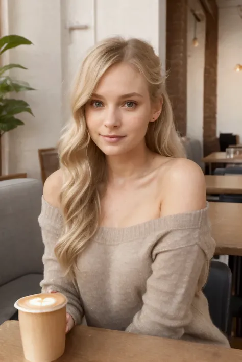 A casual, cozy photo of Sarah Natalie 1 sitting at a trendy café. She’s wearing a soft, oversized sweater in light gray, casually off one shoulder, paired with form-fitting skinny jeans. Her long, wavy blonde hair is pulled into a loose ponytail, with a fe...