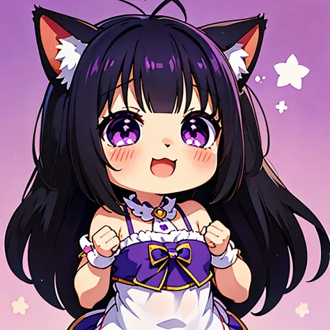 of first quality、Higher resolution、(Chibi:1.4)、(Chibi Chara)、Uma Musume、by black, cat ears、Long hair、smooth hair、purple eyes, open your mouth wide、happy、A smile、run、lavender background、ribbon