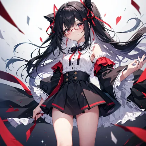 younger sister::5,Best Quality::4,Long Hair::5,Black Hair,smile,Dutch Angle,ribbon::3,Glitter effect::2,Red frills,Black skirt fabric,blush::2,Low length::2,bangs::3,See-through shorts::2,Ribs are visible::2,Lift up your skirt::2,赤いribbon::3,side::7,sideが見...