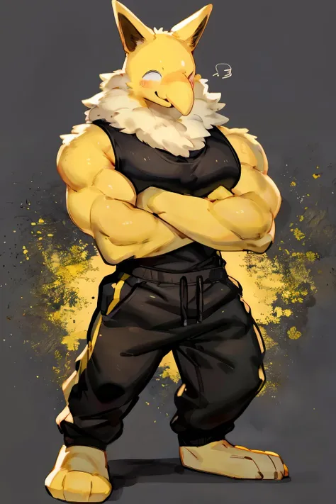 furry, anthro, solo, hypno, male, (((muscular body, massive male pectorals, wide-eyed, yellow skin, fluffy neck, wearing white f...