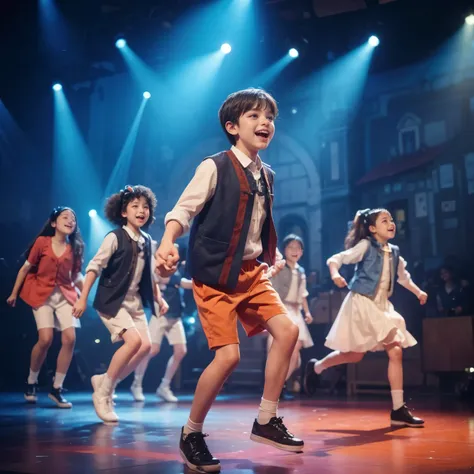 The image shows a group of children performing on a lit stage, possibly dancing or acting in a musical theater play. Intense lighting, with blue spotlights, highlights children against a background representing a city or town. They are dressed in tradition...