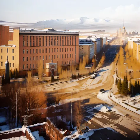 a view of the city with the clock tower and the street opens up, Norilsk, neo Norilsk, hospital in background, dieselpunk Norilsk city, magical soviet town, ground level view of soviet town, Post-Soviet Compound, Vanguard, Russian city, soviet town, hospit...