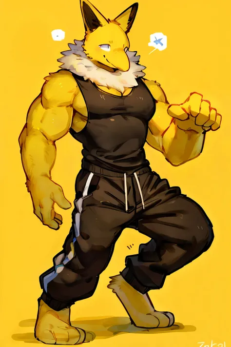 Furry, Anthro, solo, Hypno, Male, (((muscular body, massive male pectorals, wide-eyed, smirking, yellow skin, fluffy neck, wearing white fur around neck))), ((((massive biceps, head tilted, dancing)))), ((((((massive bulky torso, happy, wearing black full ...