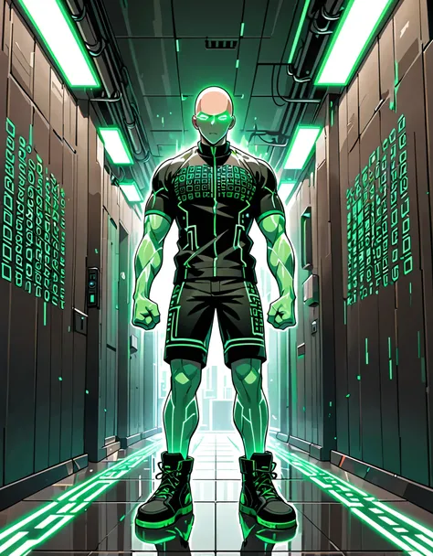 best quality, masterpiece, highres, solo, solo focus, 8k, 1male, male focus, a male virtual avatar inside a Virtual Reality simulation, green lineart, transparent skin, lean build, biker shorts, ankle boots, generic hallway with blocks, matrix code, pixeli...