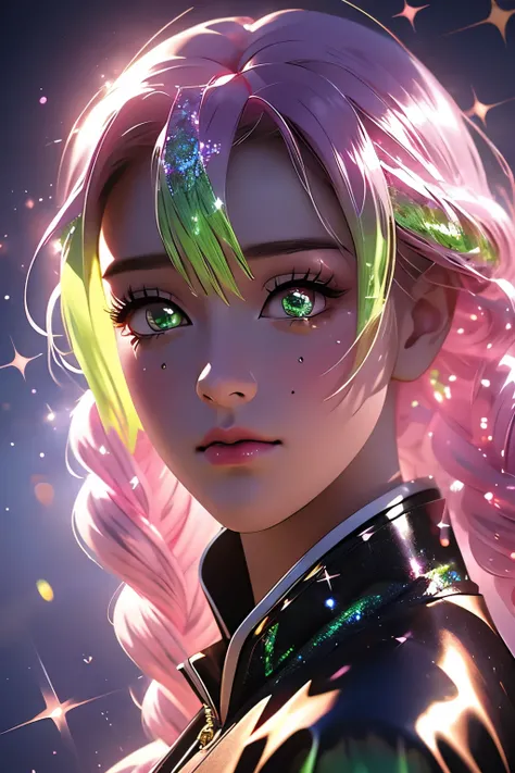 realistic mitsuri, demon slayer, flower hashira, 1girl, green and pink hair, beautiful detailed eyes, beautiful detailed lips, extremely detailed face, long eyelashes, intricate details, photorealistic, 8k, high quality, masterpiece, professional 3d render...