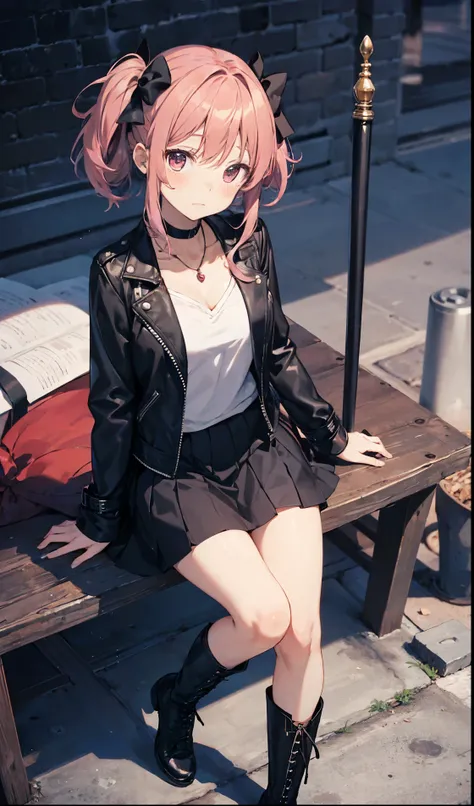 best quality,masterpiece, Madoka Kaname from Puella Magi Madoka Magica wears a black leather jacket and combat boots, black skirt, holds a magic wand, and has a cold expression on her face,