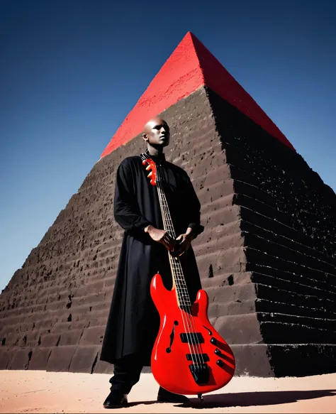 High-contrast, artistic photograph featuring a person with dark skin and a bald head, standing against a vibrant red, textured pyramid structure. The individual is dressed in a long, black garment and is holding an electric bass guitar. The lighting create...