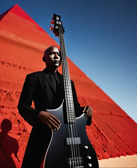 High-contrast, artistic photograph featuring a person with dark skin and a bald head, standing against a vibrant red, textured pyramid structure. The individual is dressed in a long, black garment and is holding an electric bass guitar. The lighting create...