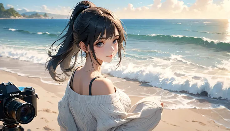 Best Quality, 8k, Surreal, Realistic, Physically Based Rendering, Beautiful girl at the beach, Detailed eyes and face, Dark Eyes, Black hair ponytail, Long eyelashes, Large Breasts, White off-the-shoulder summer sweater, (Singing with the sea at my back:1....