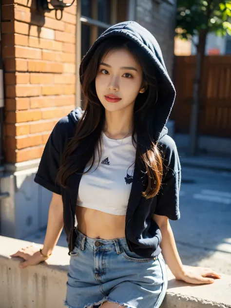 misakiai, tiny breasts, (K-pop style woman), (Realistic image), Korean beauty, long wavy black hair, back wall made of bricks, wearing a black windproof parka with the hood up, black Nike Jordan short sleeve hoodie underneath, navy blue mini skirt, white s...