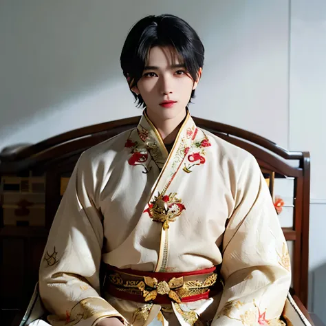 (Perfect details: 1.5, 8K wallpaper, masterpiece, Best quality, ultra detailed) man, emperor, Delicate facial features, Asian face, short black hair, Great hair, tied hair, Golden Silk Embroidered Dragon Mantle, Hanfu, Sitting on the dragons chair, Hands o...