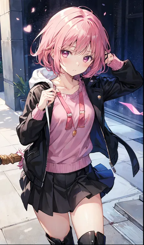 best quality,masterpiece, Madoka Kaname from Puella Magi Madoka Magica wears a black leather jacket and combat boots, black skirt, holds a magic wand, and has a cold expression on her face,