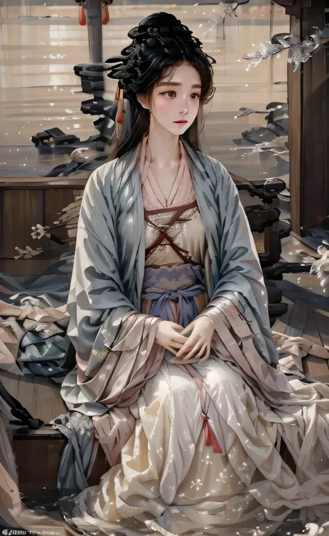 Lin Daiyu stands at the back of the boat now, her body slightly hunched as she gazes back at the distant shore. Her long, dark hair is tousled slightly by the wind, falling around her face. Tears stream freely down her face, her eyes glistening with despai...