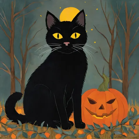 black cat folk-art Halloween wall art