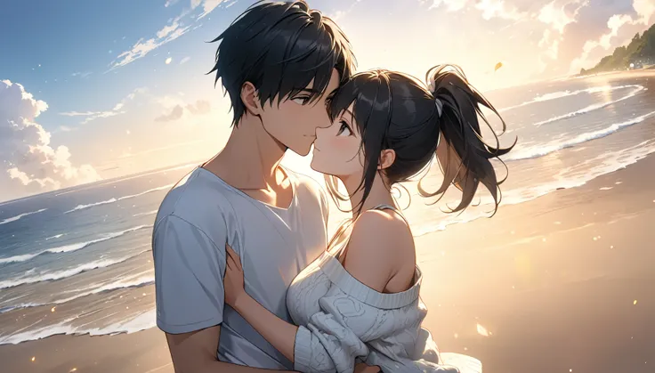 (Golden Ratio), Anime Couples, A gentle kiss,  1 person 1 girl, Peck, cute, Affectionate, Detailed Hair, Detailed face, Fine grain, Digital Art, 8k, Octane Rendering, masterpiece, Best Quality, A young man with short black hair, Brown-eyed young man,Young ...