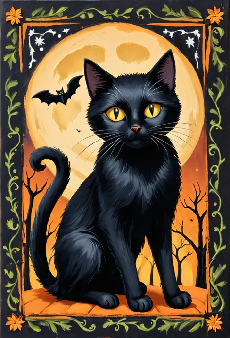 black cat folk-art Halloween wall art