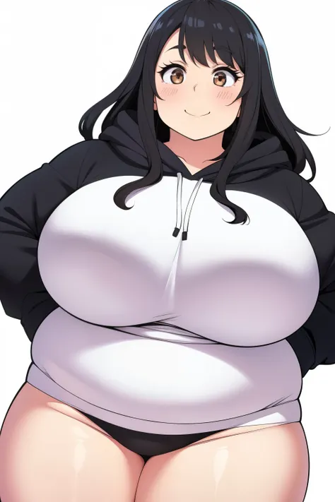 Chubby 2 big boobs black hair brown eyes happy long messy hair smile blushing deredere black hoodie underwear 