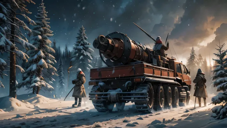 Dramatic lighting, armed figures in winter clothing, mutants, standing watch, overcast, snowy forest, erecting mangonel, a pair of rusty and retrofitted vehicles, spread out in a line, armed figures by campfire, medieval siege catapult, mangonel, snowy tre...