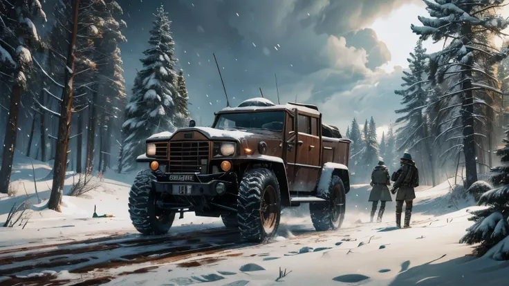 Dramatic lighting, armed figures in winter clothing, mutants, standing watch, overcast, snowy forest, erecting mangonel, a pair of rusty and retrofitted vehicles, spread out in a line, armed figures by campfire, medieval siege catapult, mangonel, snowy tre...