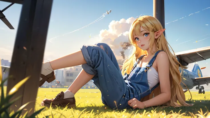 (depth of field:1.4),(blur:1.3),(very detailed:1.4),(high resolution:1.1) BREAK
(Smoke trails left by airplanes in the sky:1.2) BREAK
1girl,(Elf:1.1),(Confusion:1.2),(Sitting with legs folded to one side hands resting on the knees:1.2),long Honey Blonde Hi...