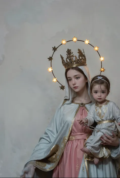 our lady of the rosary virgin mary saint holding a baby , with a third High resolution, Textured skin, brown hair, with a blue cloak dress and a delicate face 