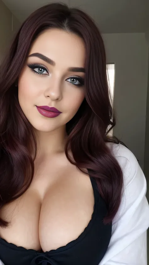 (face and bust shot),blue eyes, eyeshadow,eyelashes, pupils, eyebrows, nose, bold lips, purple Lipstick, smile, face, dark red hair,long and voluminous hair,1girl,big breasts,black top,long sleeves,medium cleavage,beautiful face,