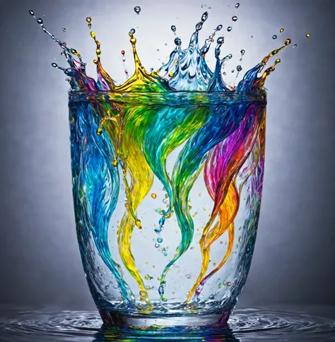 there is a glass with a liquid splash in it, a rainbow of colors and mermaids, photoshop water art, water art photoshop, liquid sculpture