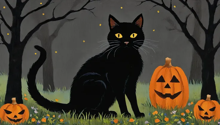 black cat folk-art Halloween wall art