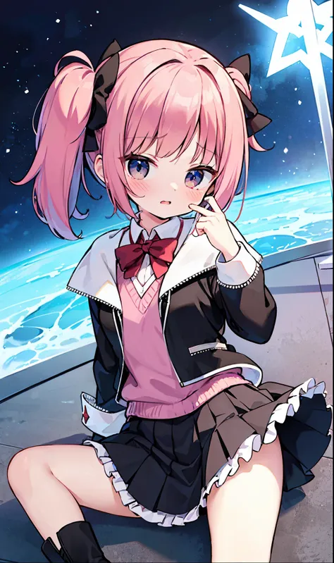 best quality,masterpiece, Madoka Kaname from Puella Magi Madoka Magica wears a black leather jacket and combat boots, black skirt, magical girl, holds a magic wand, and has a cold expression on her face,