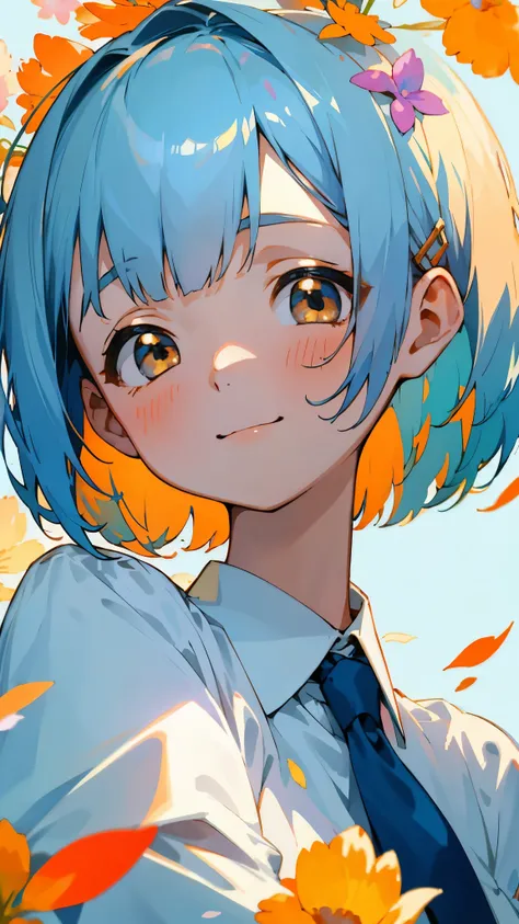 （Best Quality、masterpiece、Surreal）、Beautiful and delicate girl portrait、Playful and cute、Petals fluttering in the background、Shiny light blue hair、Short Bob Hairstyles、Tie your hair with an orange hair clip、Beautiful brown eyes、smile、